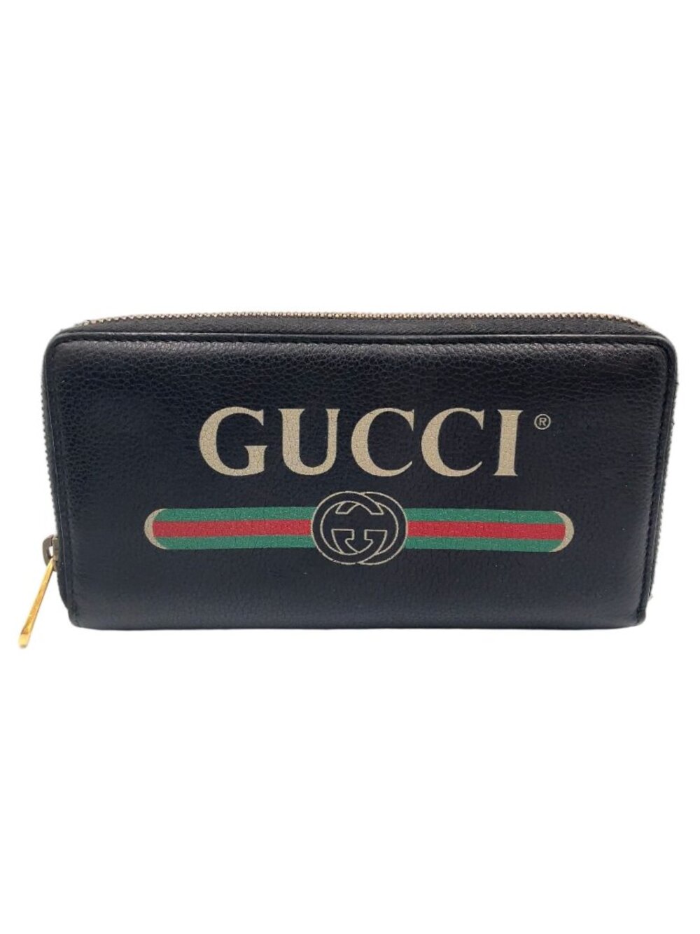 Gucci Logo Print Zip Around Leather Green Black Red Wallet Gold